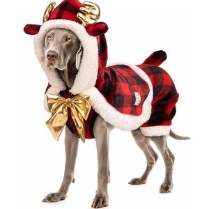 KYEESE Dog Christmas Pajamas w/ Hat Outfit with Golden Elk Antlers & Bow -XL